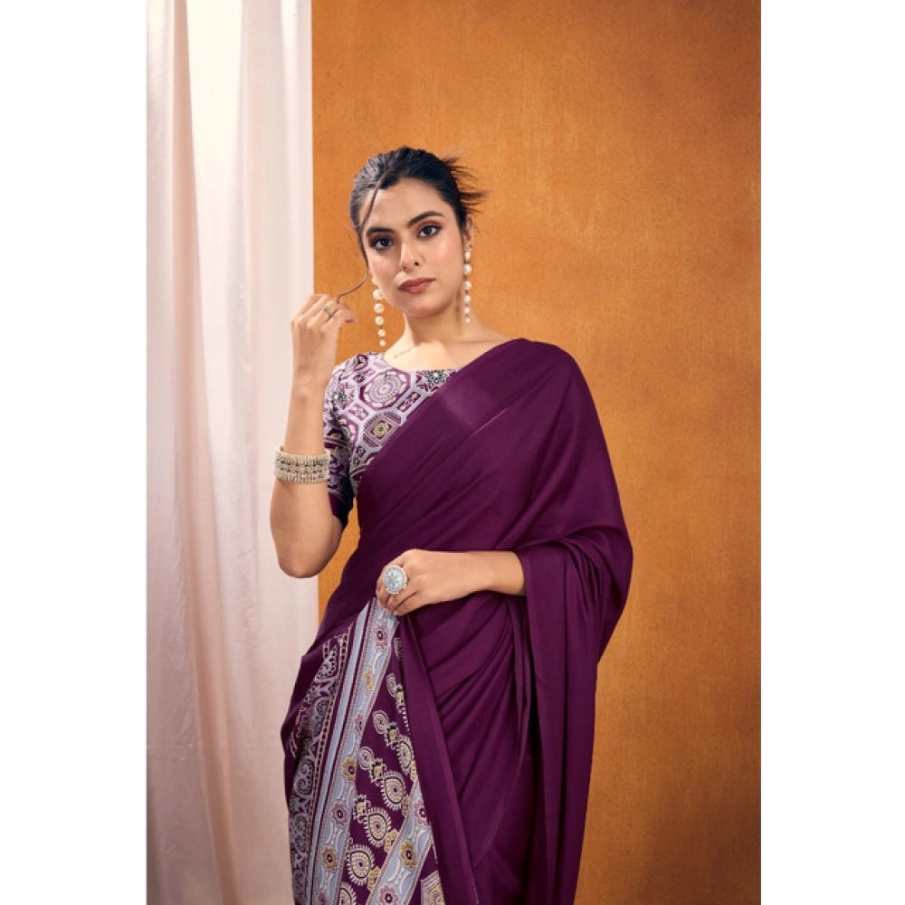 Feminine Women's Satin Crepe Printed Saree With Blouse Piece