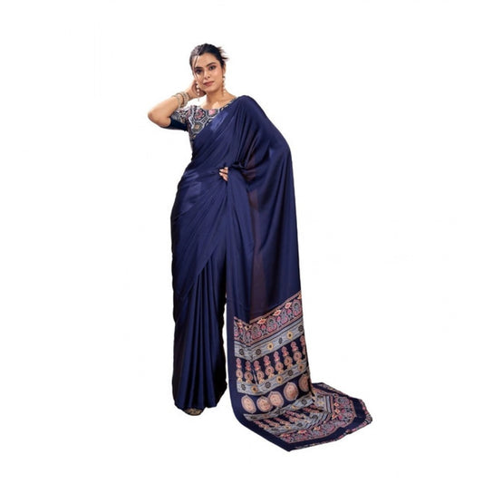Feminine Women's Satin Crepe Printed Saree With Blouse Piece