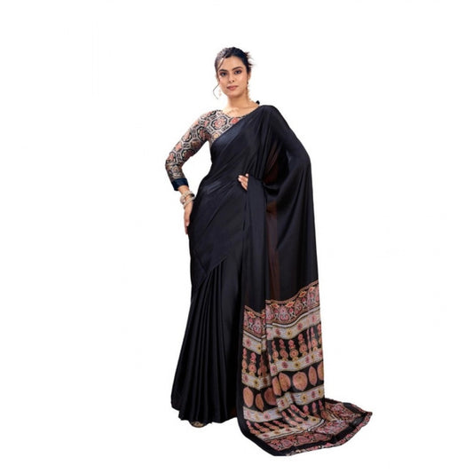 Feminine Women's Satin Crepe Printed Saree With Blouse Piece