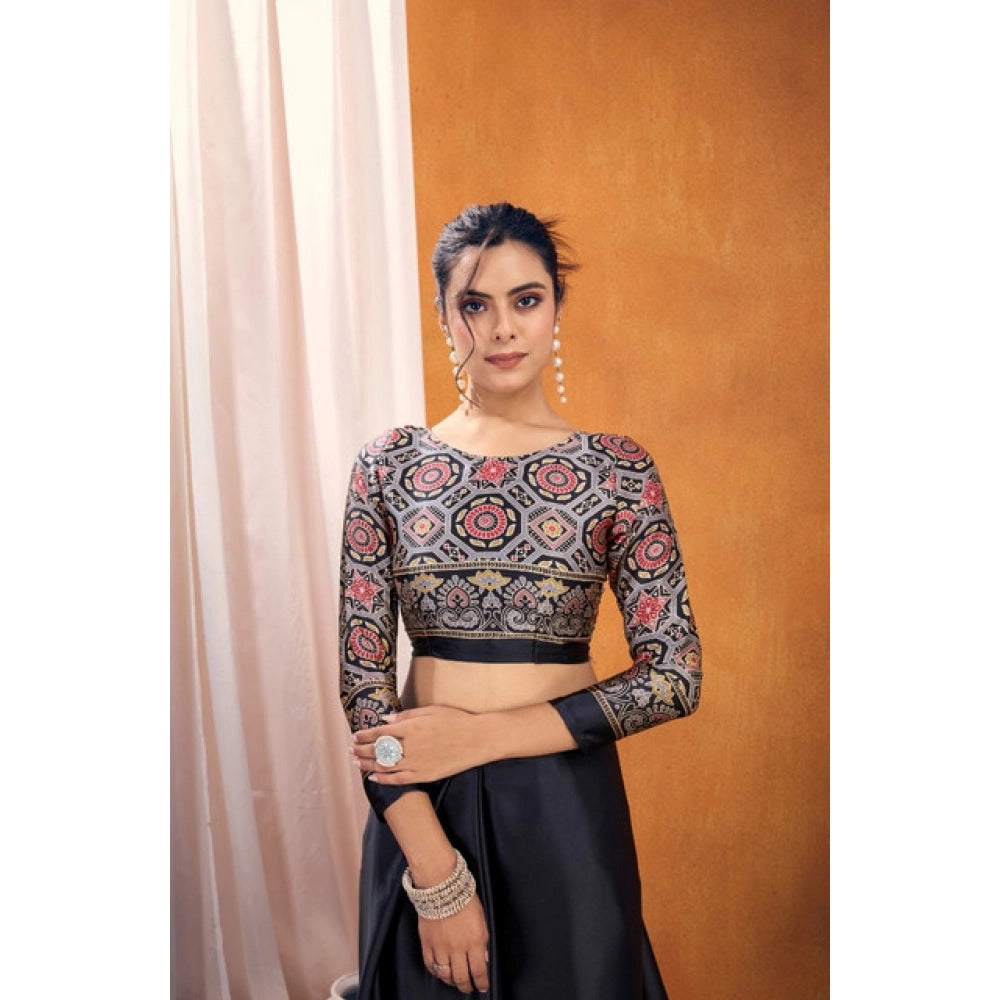 Feminine Women's Satin Crepe Printed Saree With Blouse Piece