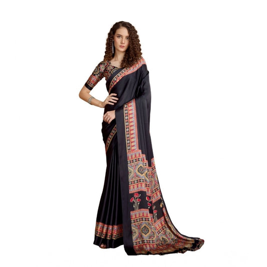 Feminine Women's Satin Crepe Printed Saree With Blouse Piece