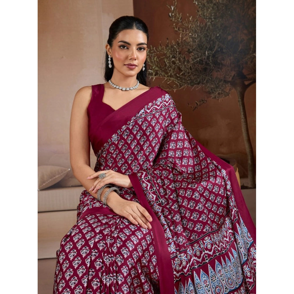 Unique Women's Satin Crepe Printed Saree With Blouse Piece