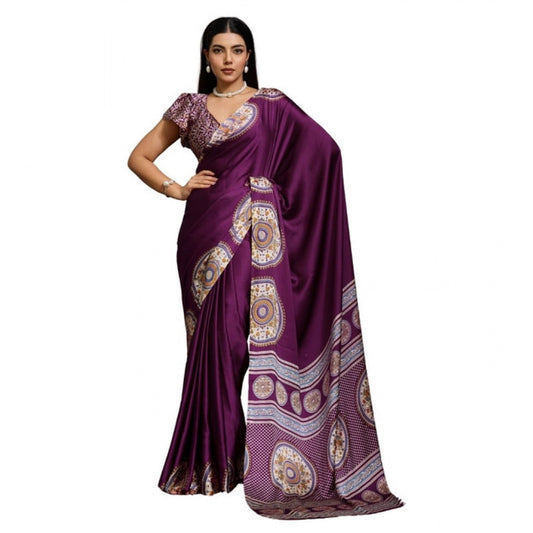Classic Women's Satin Crepe Printed Saree With Blouse Piece