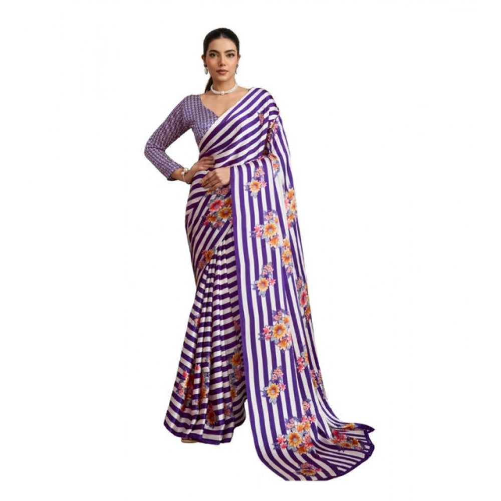 Classic Women's Satin Crepe Printed Saree With Blouse Piece