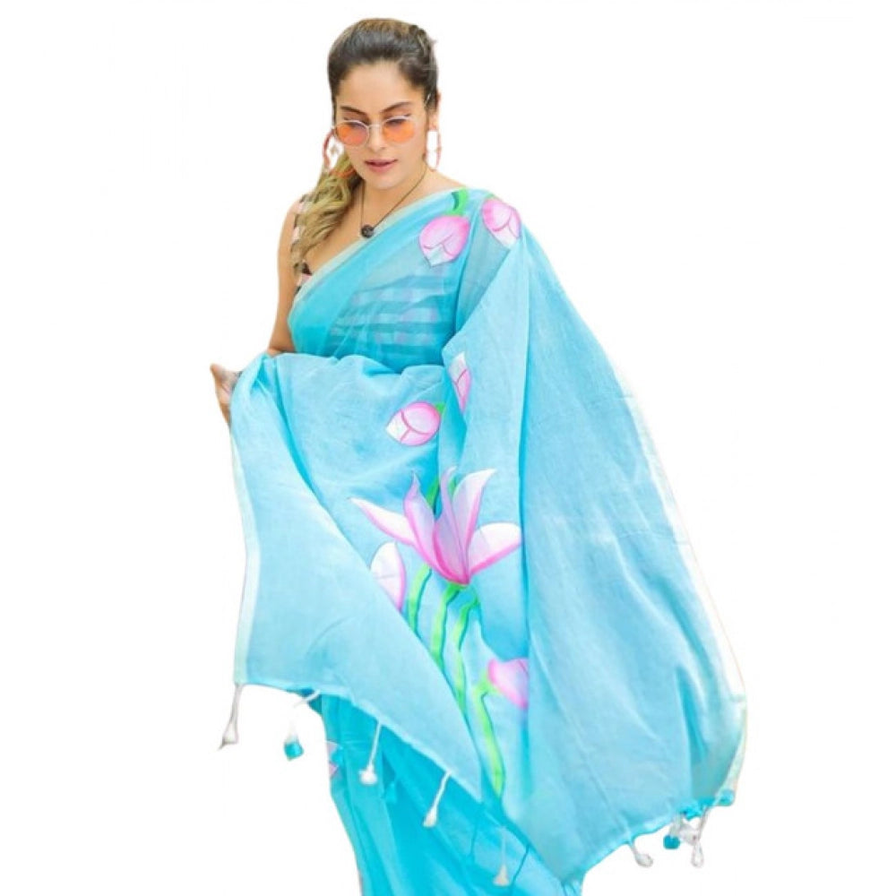 Precious Women's Linen Printed Saree With Blouse Piece