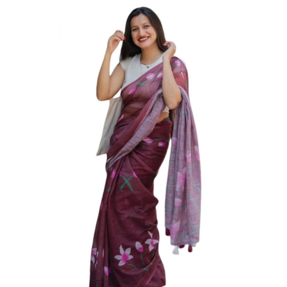 Precious Women's Linen Printed Saree With Blouse Piece