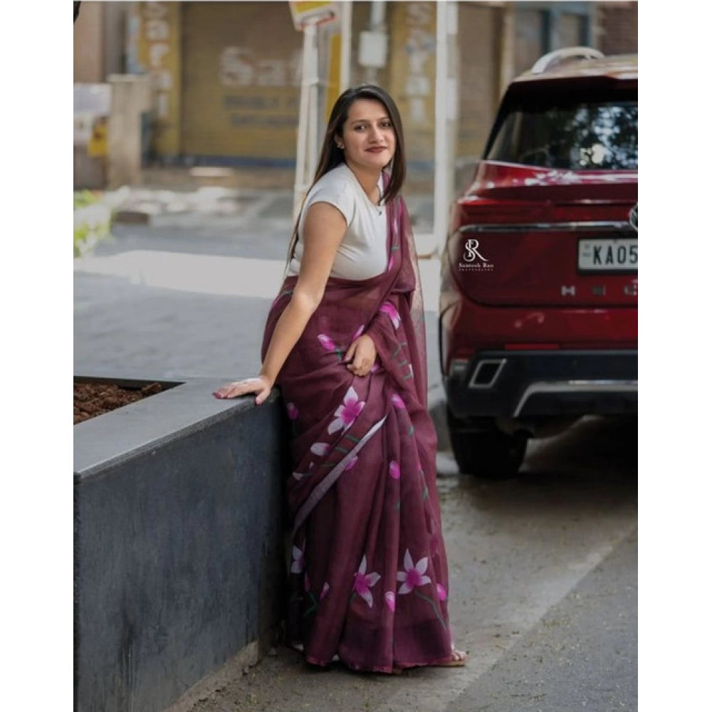 Precious Women's Linen Printed Saree With Blouse Piece