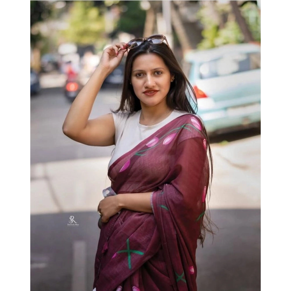 Precious Women's Linen Printed Saree With Blouse Piece