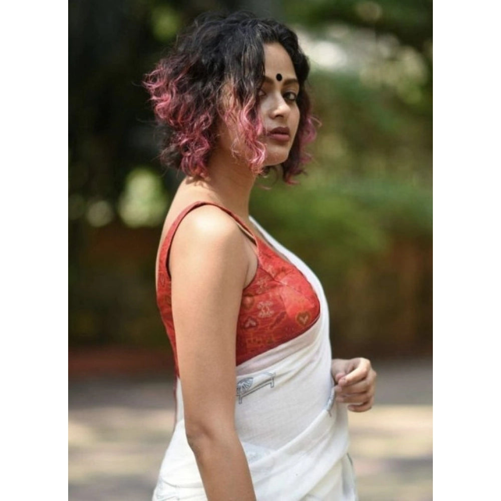 Precious Women's Linen Printed Saree With Blouse Piece