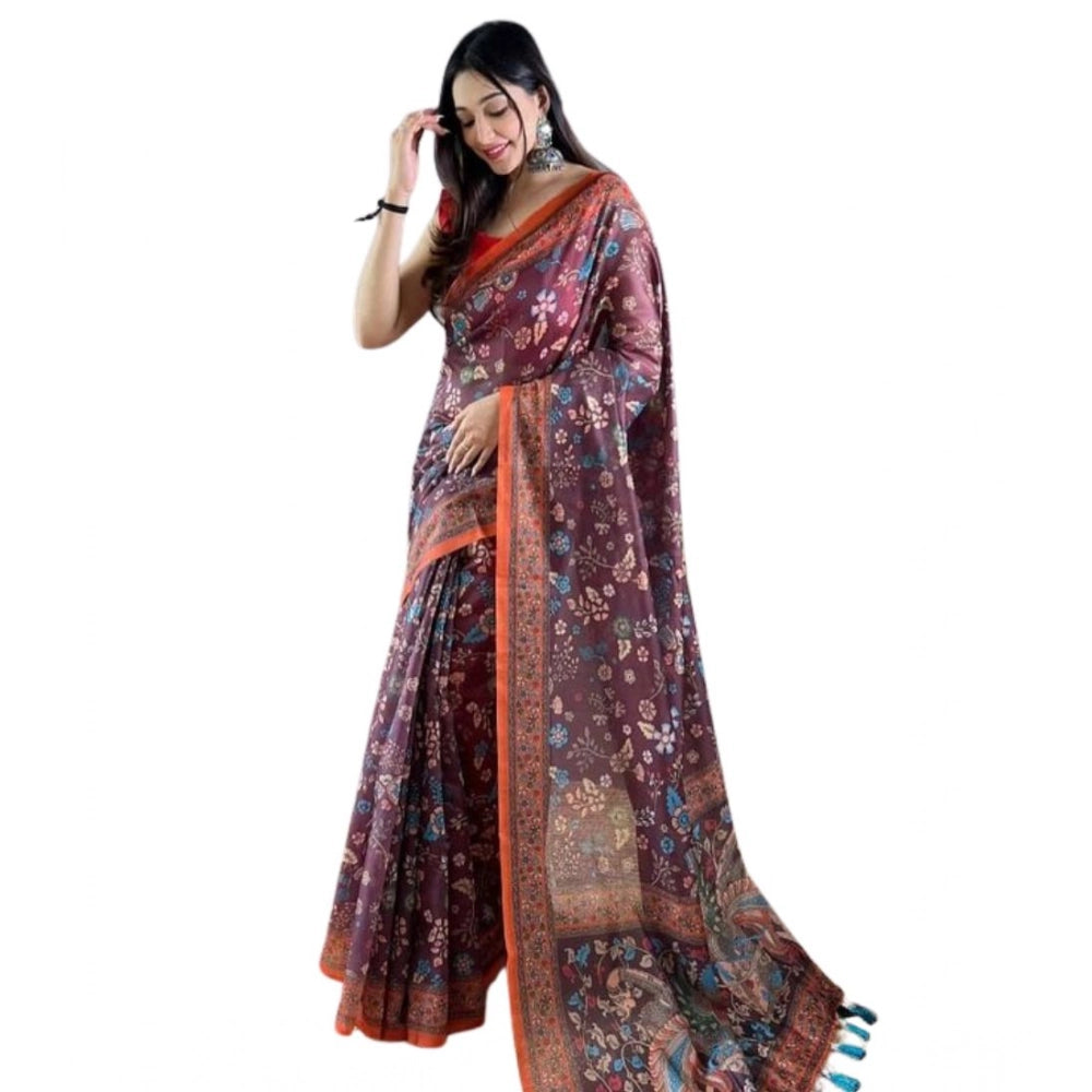 Precious Women's Linen Printed Saree With Blouse Piece