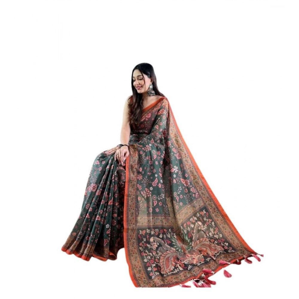 Precious Women's Linen Printed Saree With Blouse Piece