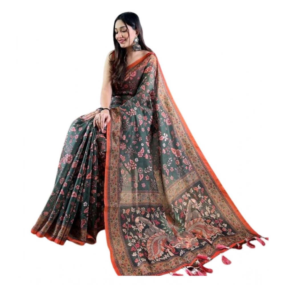Precious Women's Linen Printed Saree With Blouse Piece