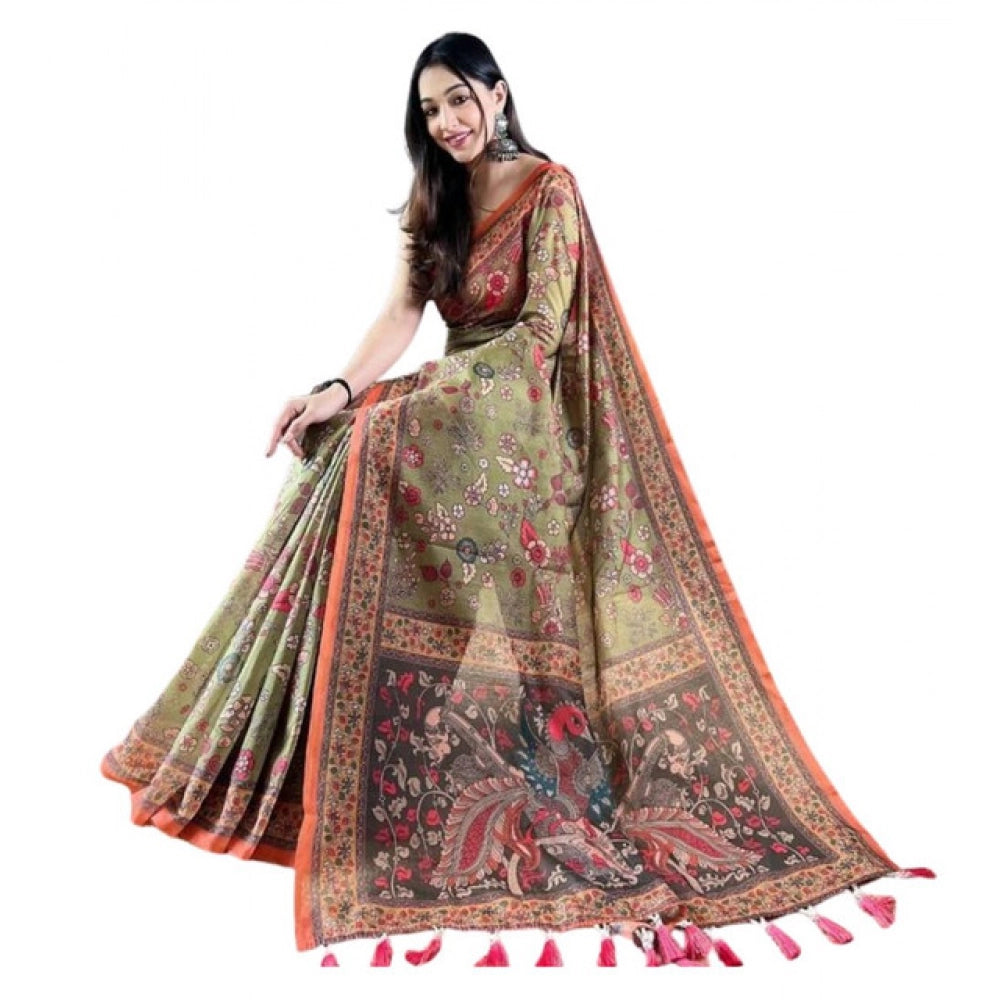 Precious Women's Linen Printed Saree With Blouse Piece