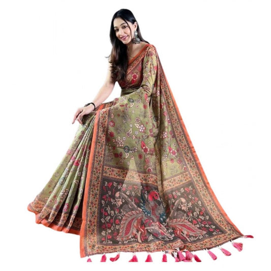 Precious Women's Linen Printed Saree With Blouse Piece