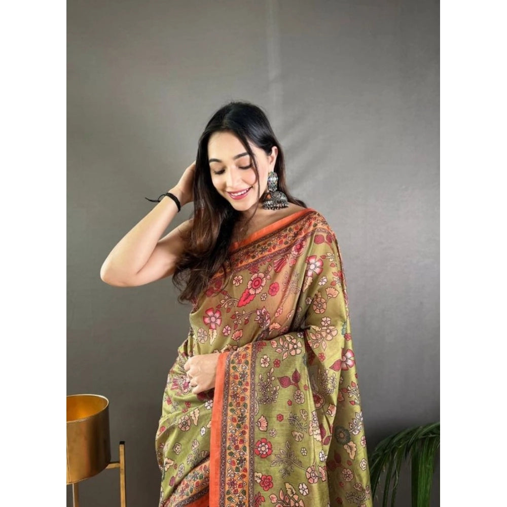 Precious Women's Linen Printed Saree With Blouse Piece