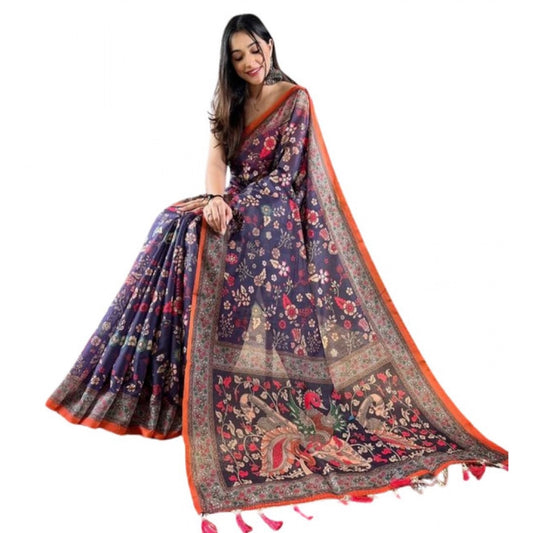 Precious Women's Linen Printed Saree With Blouse Piece