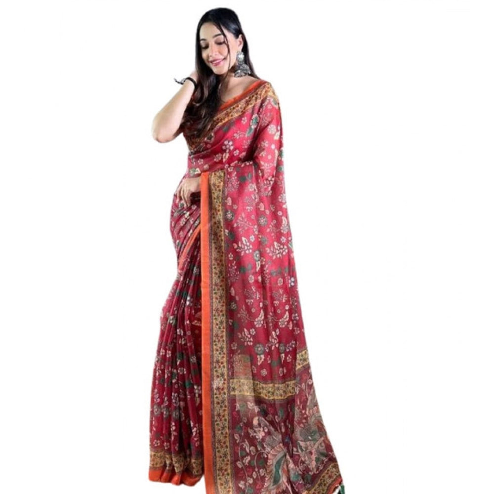 Precious Women's Linen Printed Saree With Blouse Piece
