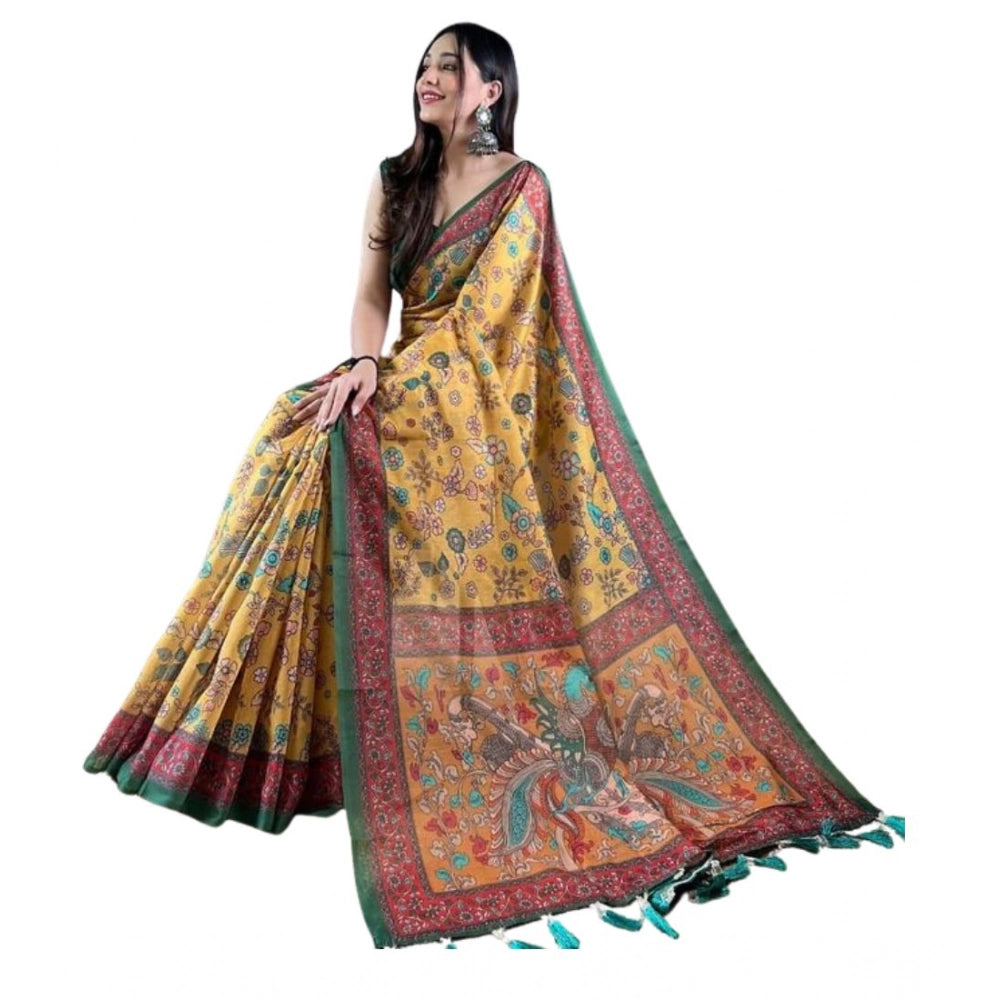 Precious Women's Linen Printed Saree With Blouse Piece