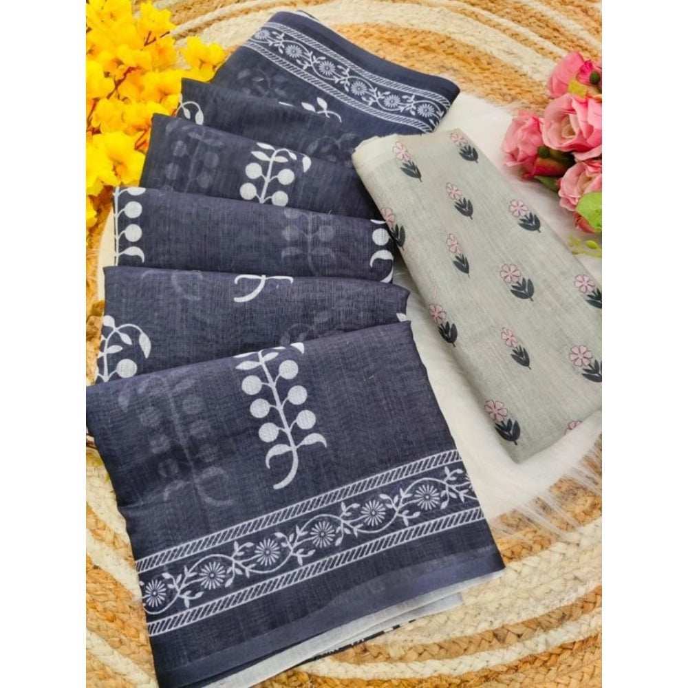 Precious Women's Linen Printed Saree With Blouse Piece