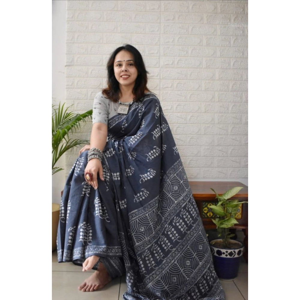Precious Women's Linen Printed Saree With Blouse Piece