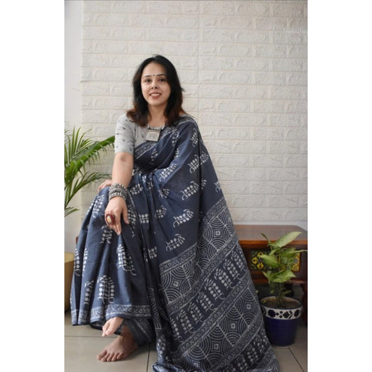 Precious Women's Linen Printed Saree With Blouse Piece