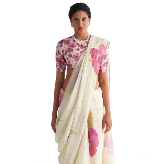 Elite Women's Linen Printed Saree With Blouse Piece