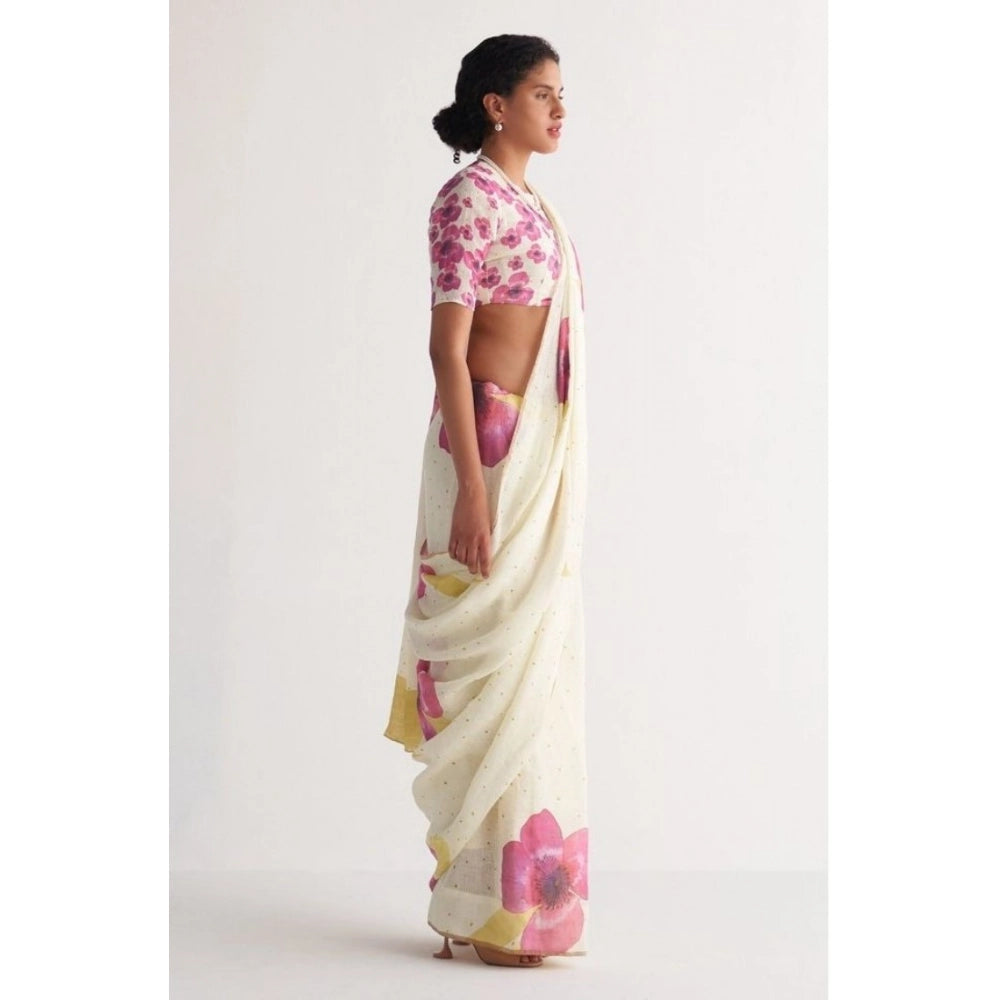 Elite Women's Linen Printed Saree With Blouse Piece