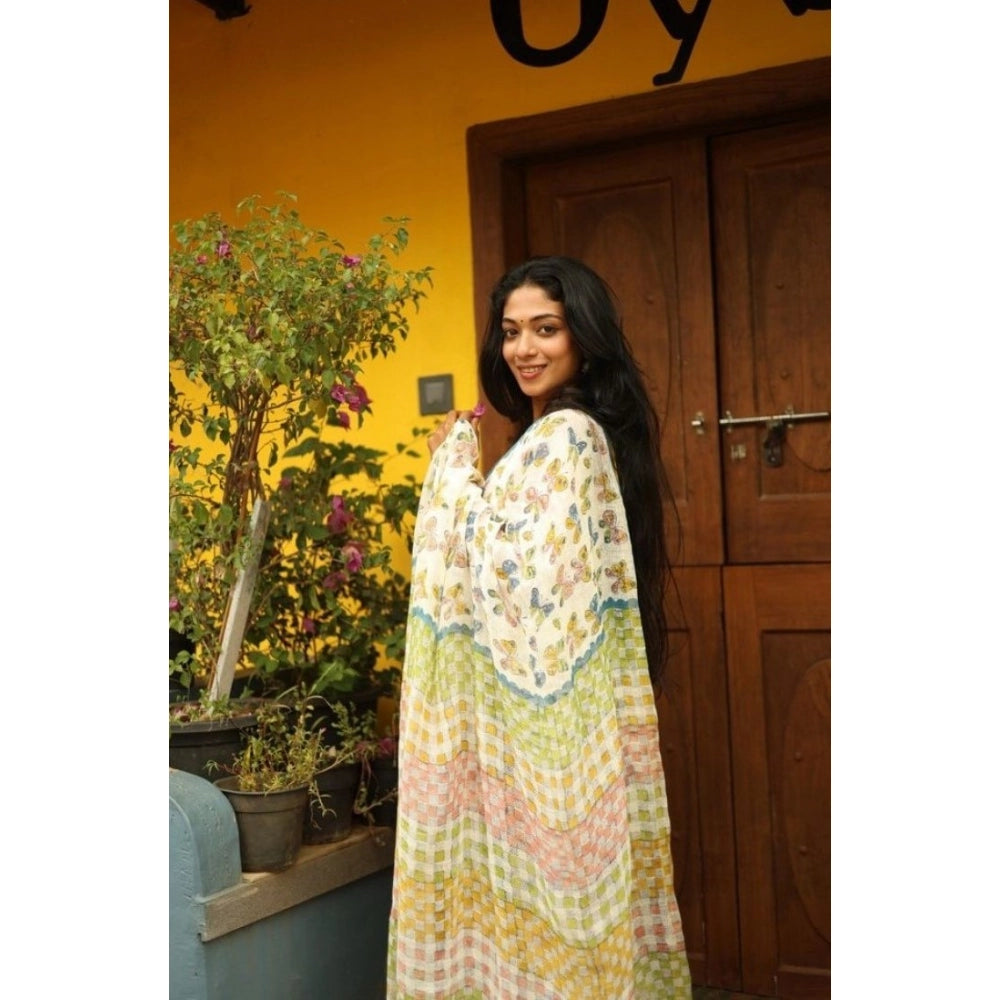 Elite Women's Linen Printed Saree With Blouse Piece
