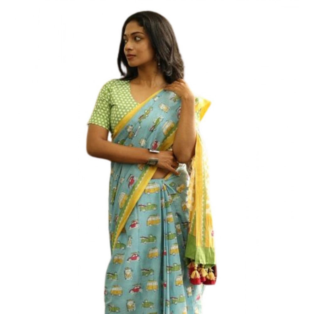Elite Women's Linen Printed Saree With Blouse Piece