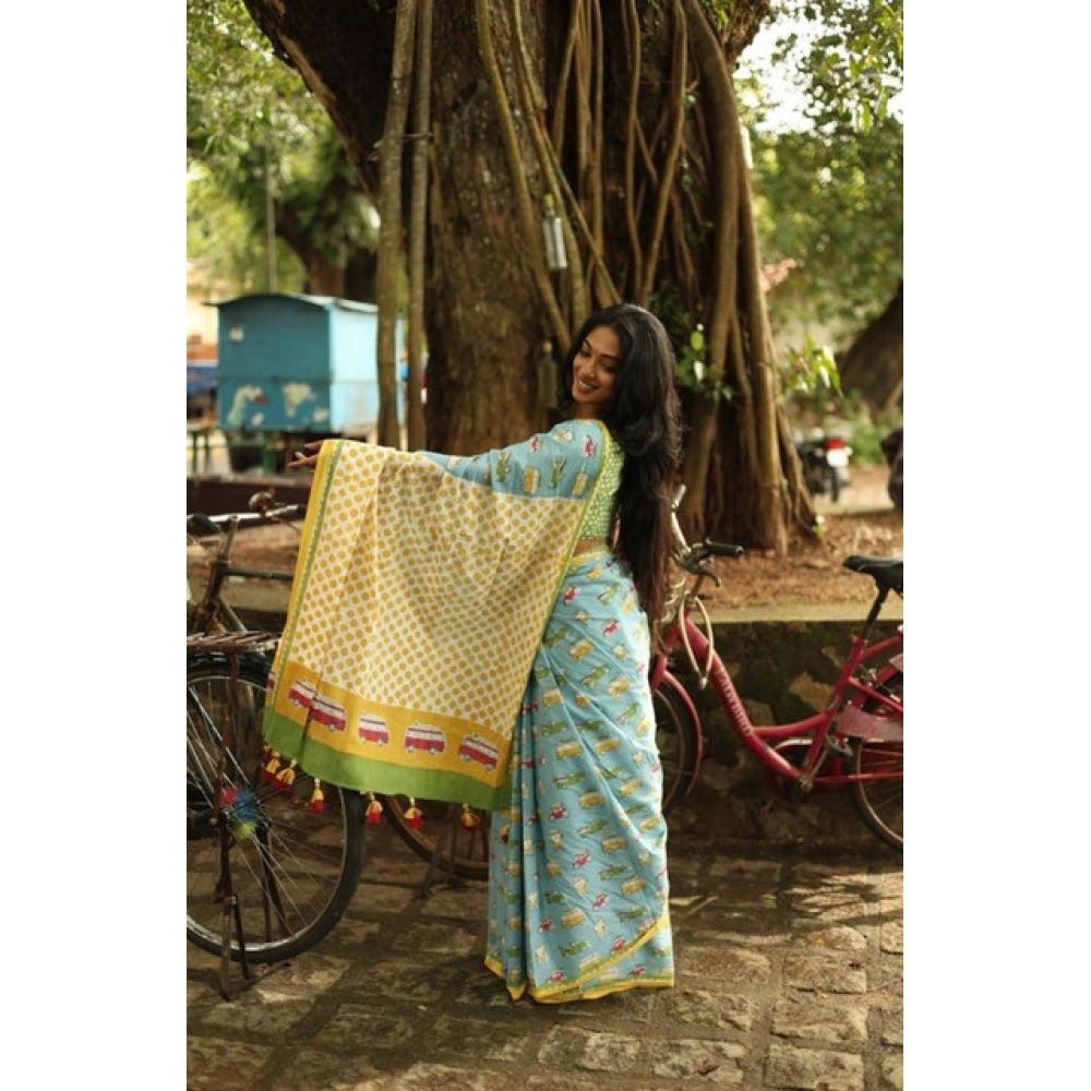 Elite Women's Linen Printed Saree With Blouse Piece