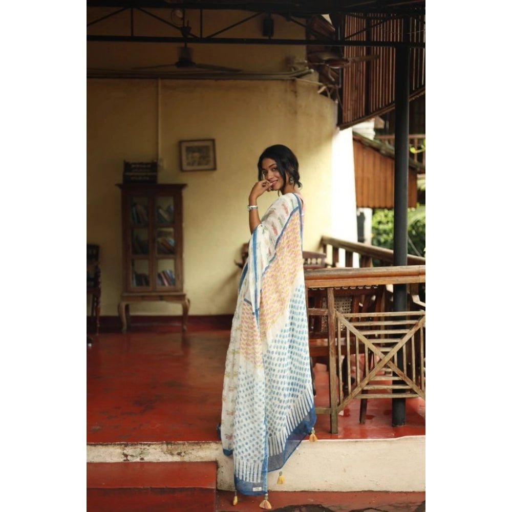 Elite Women's Linen Printed Saree With Blouse Piece