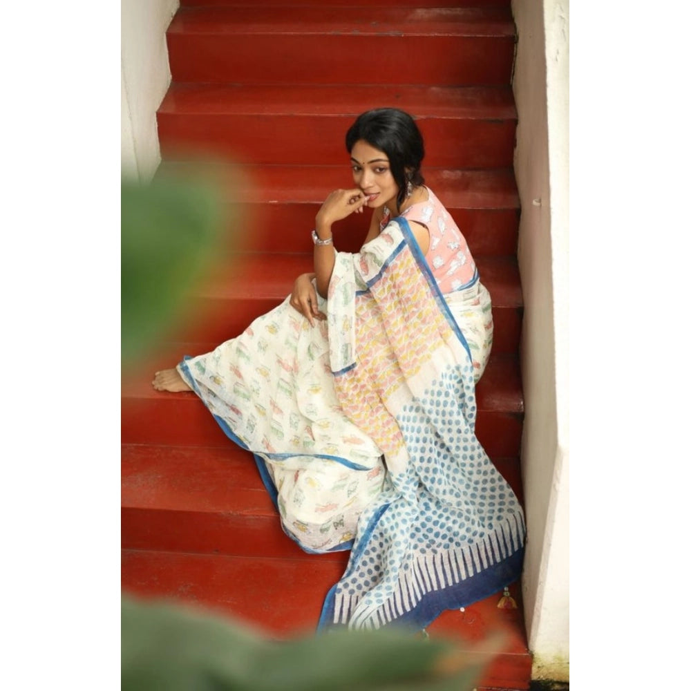 Elite Women's Linen Printed Saree With Blouse Piece