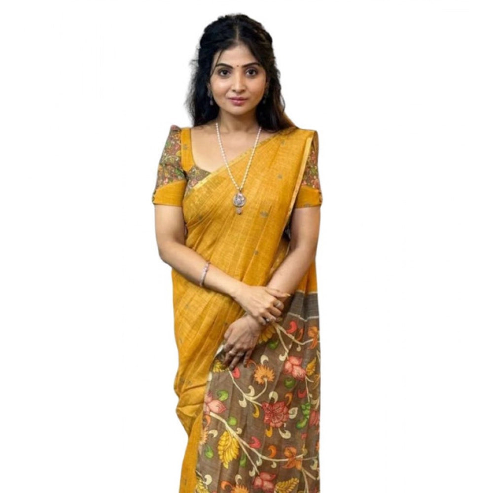 Elite Women's Linen Printed Saree With Blouse Piece