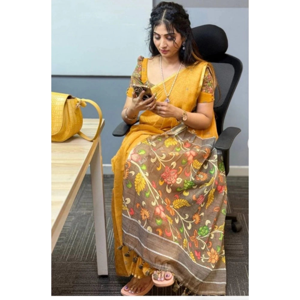 Elite Women's Linen Printed Saree With Blouse Piece