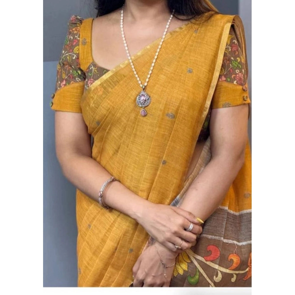 Elite Women's Linen Printed Saree With Blouse Piece