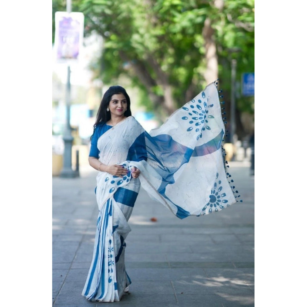 Embellished Women's Linen Printed Saree With Blouse Piece
