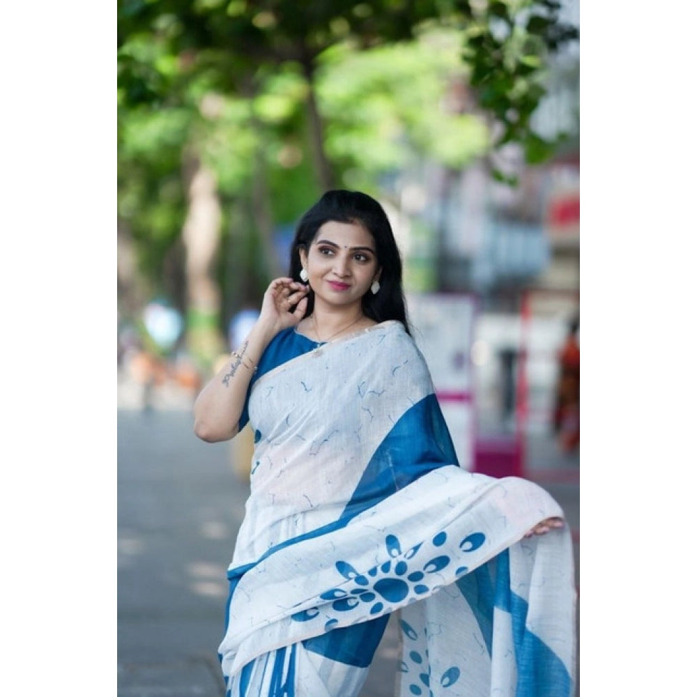 Embellished Women's Linen Printed Saree With Blouse Piece