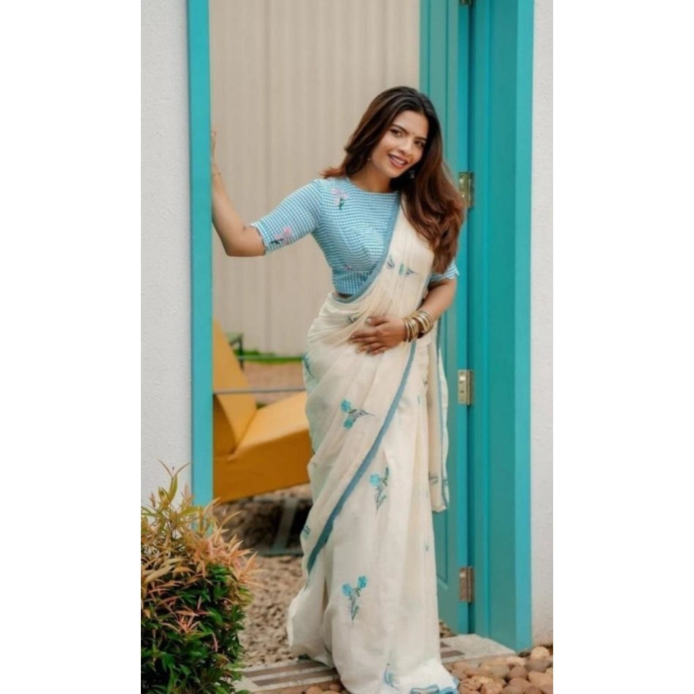 Embellished Women's Linen Printed Saree With Blouse Piece