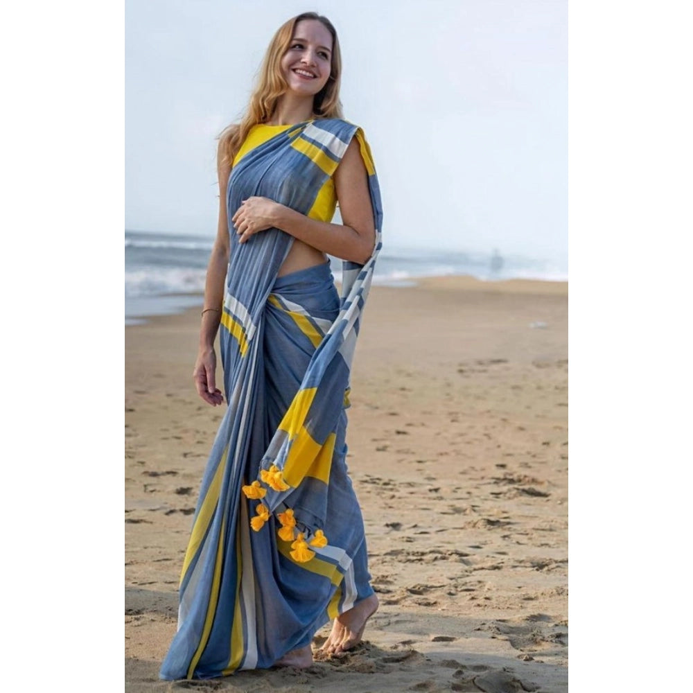 Embellished Women's Linen Printed Saree With Blouse Piece