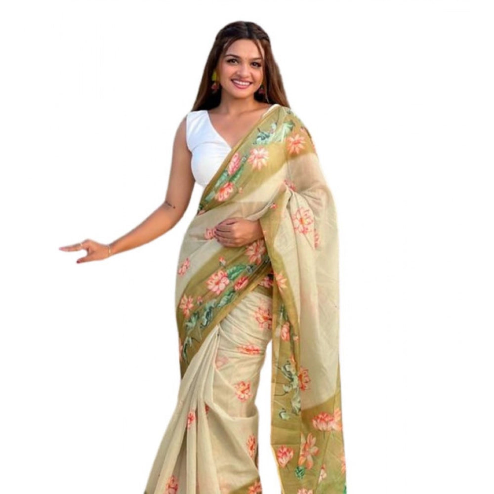 Embellished Women's Linen Printed Saree With Blouse Piece