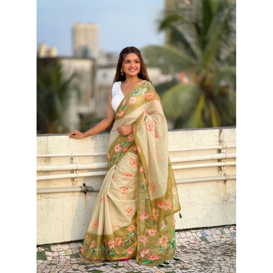 Embellished Women's Linen Printed Saree With Blouse Piece