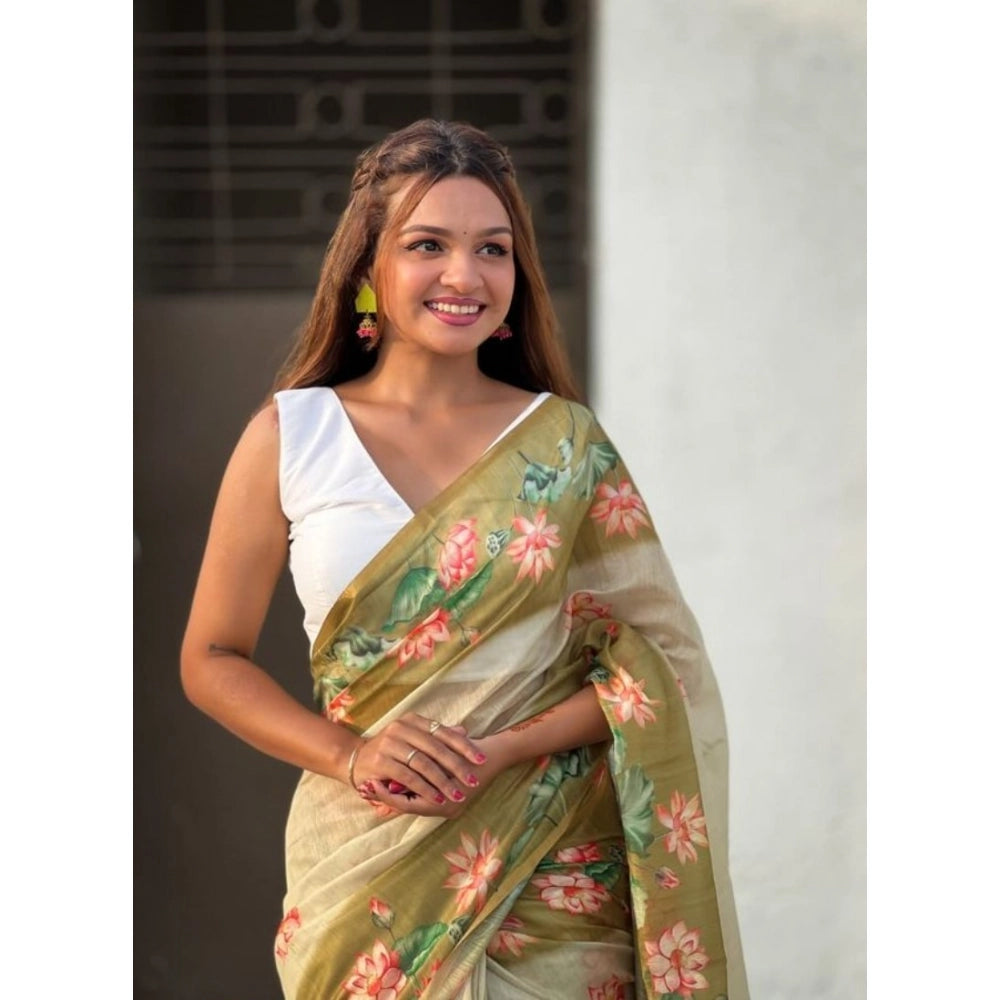 Embellished Women's Linen Printed Saree With Blouse Piece