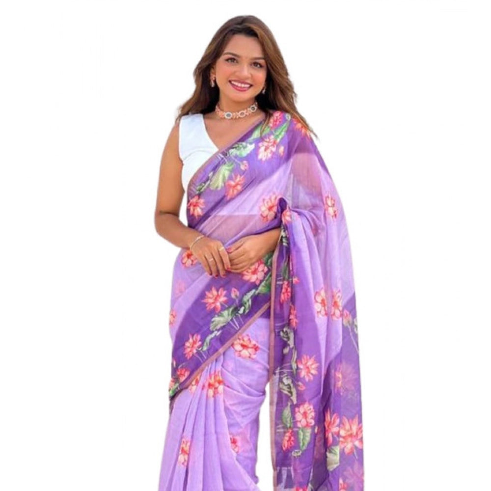 Embellished Women's Linen Printed Saree With Blouse Piece