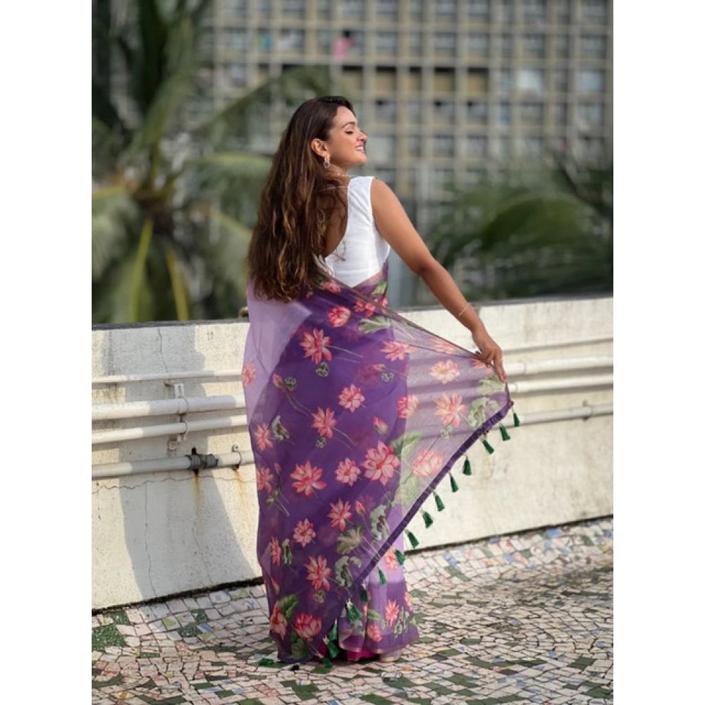Embellished Women's Linen Printed Saree With Blouse Piece
