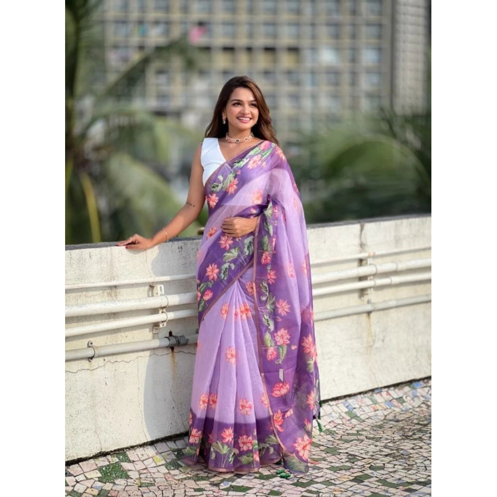 Embellished Women's Linen Printed Saree With Blouse Piece