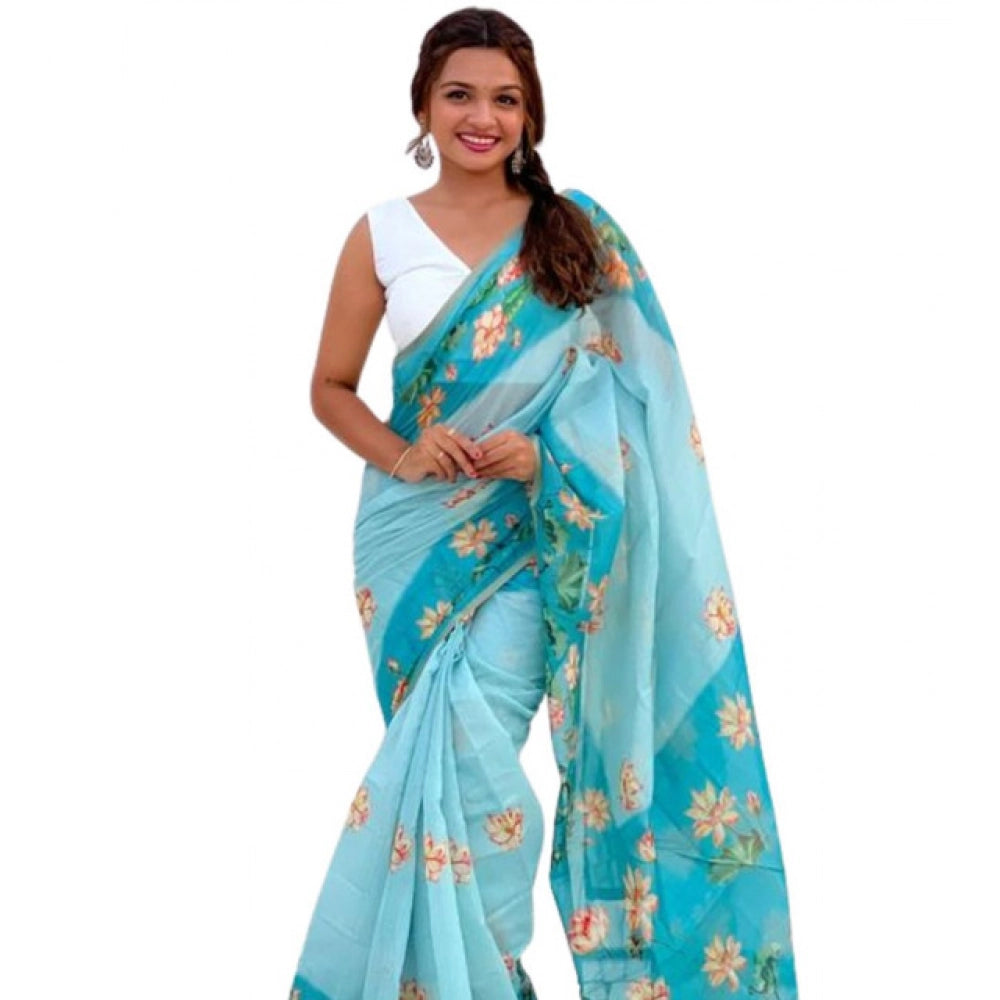 Embellished Women's Linen Printed Saree With Blouse Piece
