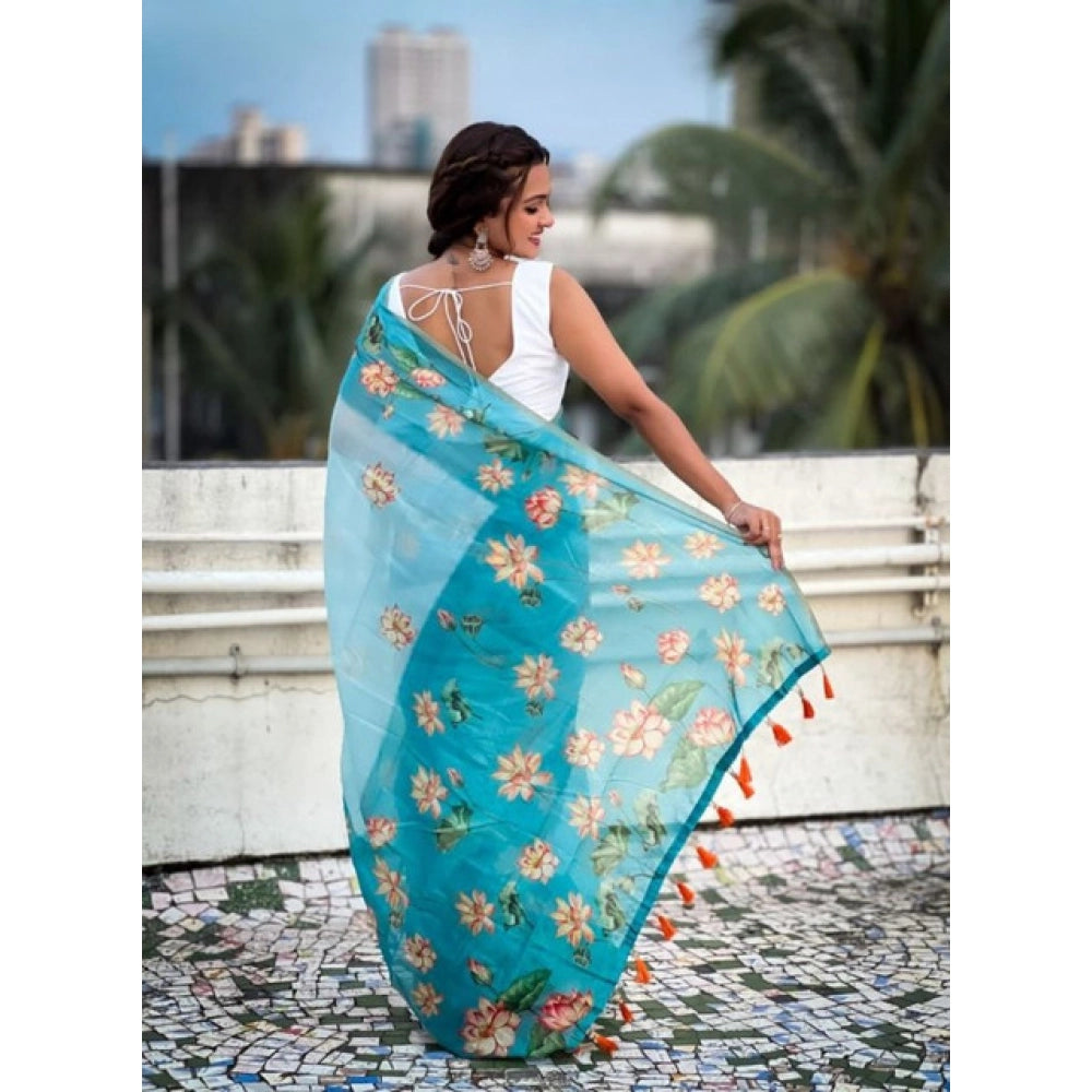 Embellished Women's Linen Printed Saree With Blouse Piece