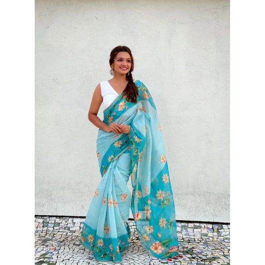 Embellished Women's Linen Printed Saree With Blouse Piece