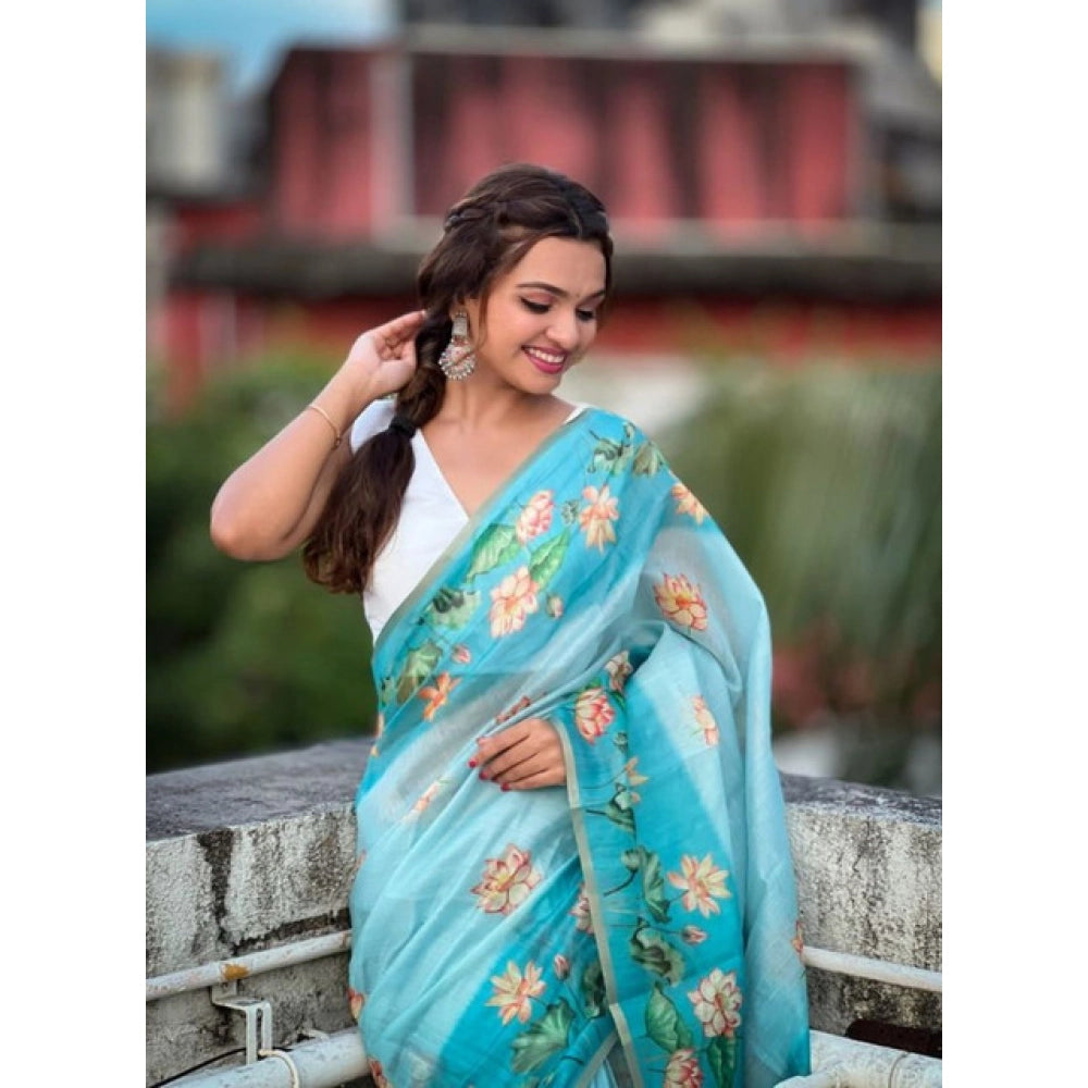 Embellished Women's Linen Printed Saree With Blouse Piece