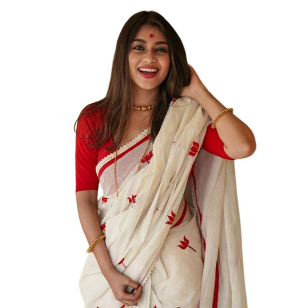 Embellished Women's Linen Printed Saree With Blouse Piece